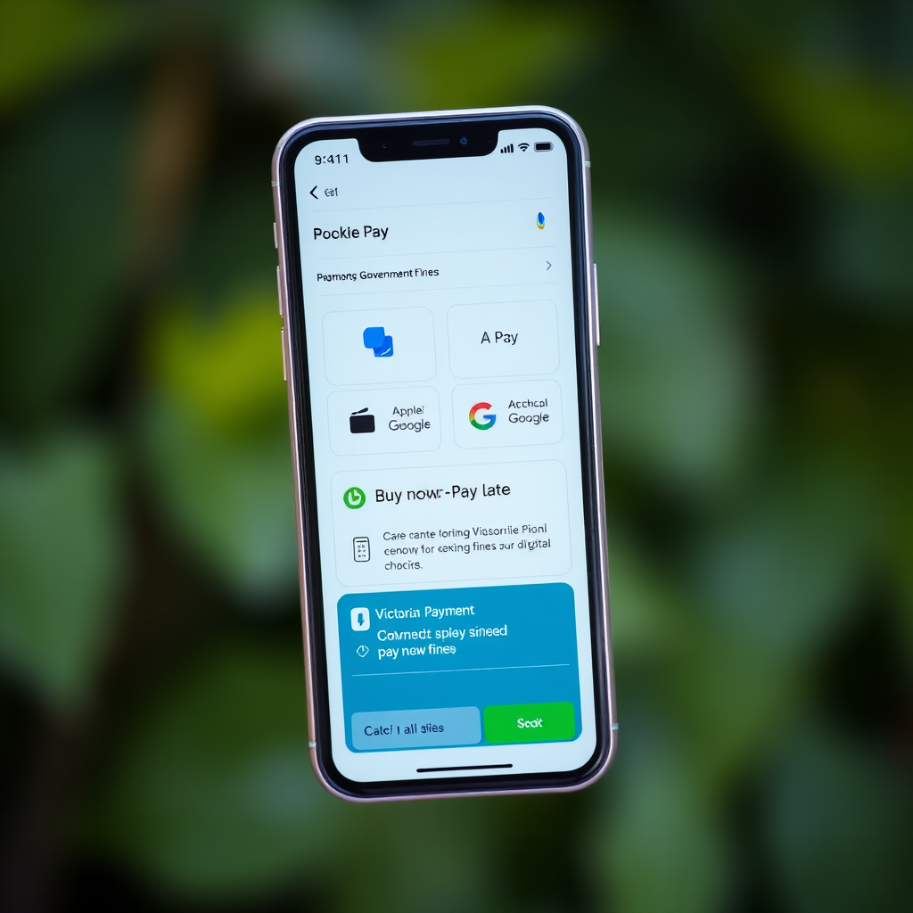 Modern smartphone displaying various digital payment options including Apple Pay, Google Pay, and buy-now-pay-later services on screen with Victorian government fines payment interface