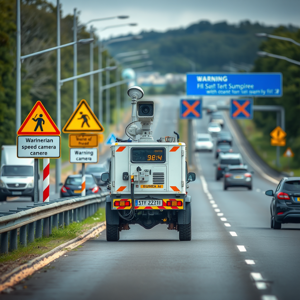 Mobile speed camera unit positioned on a busy Victorian road with warning signs, monitoring traffic during peak summer travel period