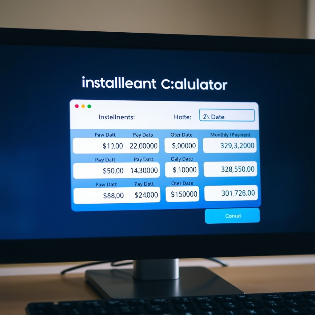 Digital payment calculator showing installment options with monthly payment amounts and due dates displayed on a computer screen