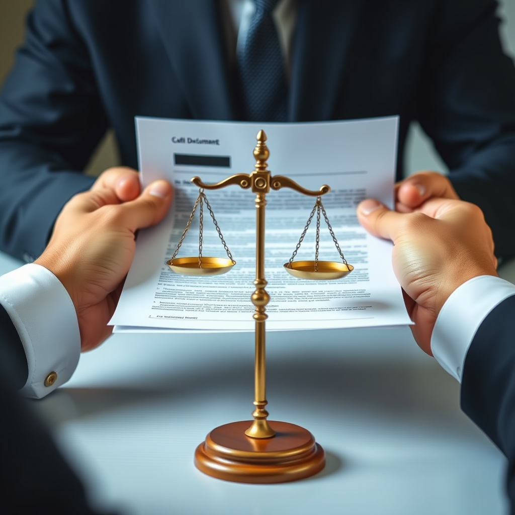 Professional legal document review process showing hands reviewing official paperwork with scales of justice symbol
