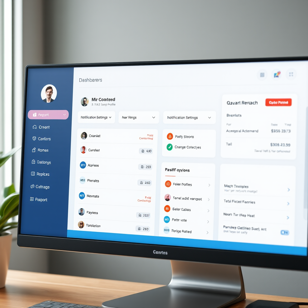 Modern digital dashboard interface showing account management features with user profile, notification settings, and payment options displayed on a computer screen