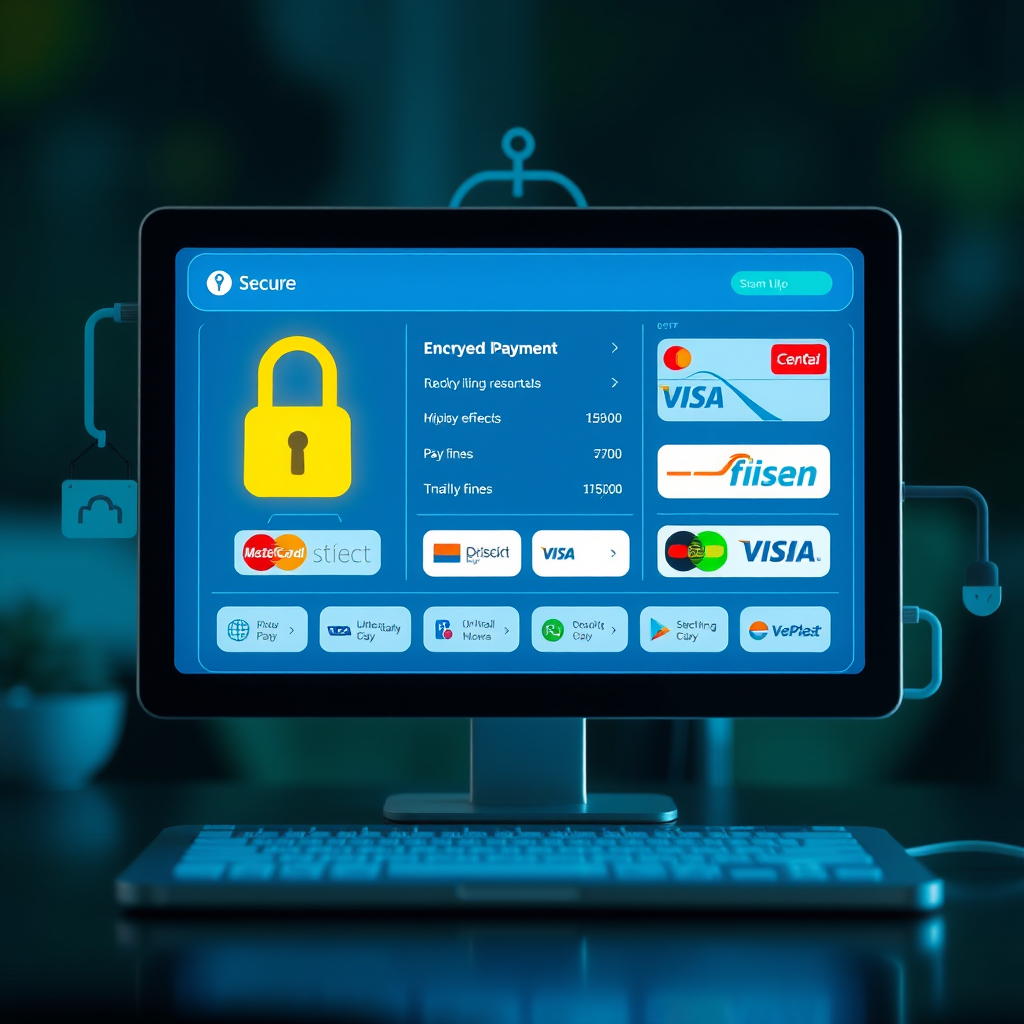 Secure online payment interface showing encrypted transaction processing and multiple payment methods for fines