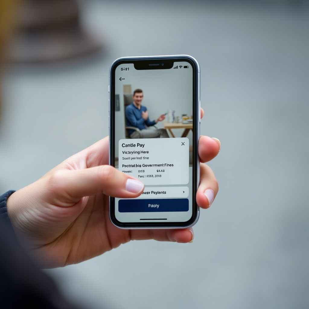Person using smartphone to make contactless payment with Apple Pay or Google Pay for Victorian government fines