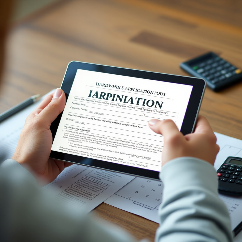Person filling out hardship application form on tablet with financial documents and calculator nearby showing budget planning