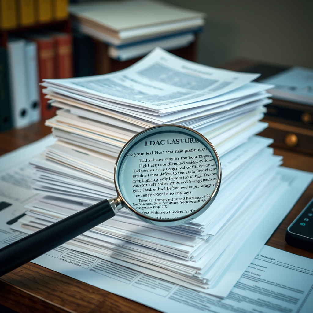 Stack of legal documents and evidence files organized on a desk with a magnifying glass highlighting important details