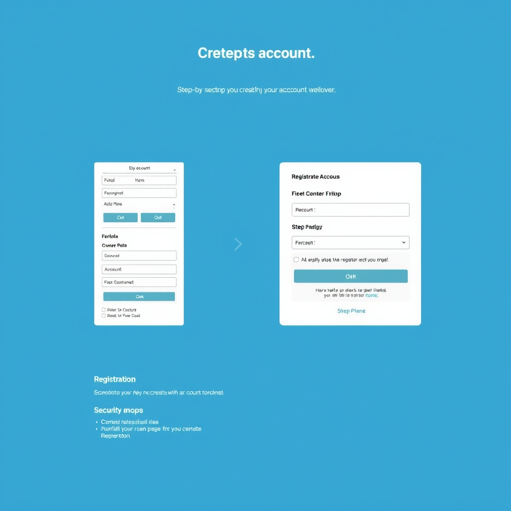 Step-by-step account creation process showing registration form fields, identity verification steps, and security setup options on a modern web interface