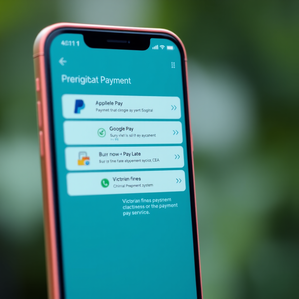 Modern smartphone displaying digital payment options including Apple Pay, Google Pay, and buy-now-pay-later services for Victorian fines payment system