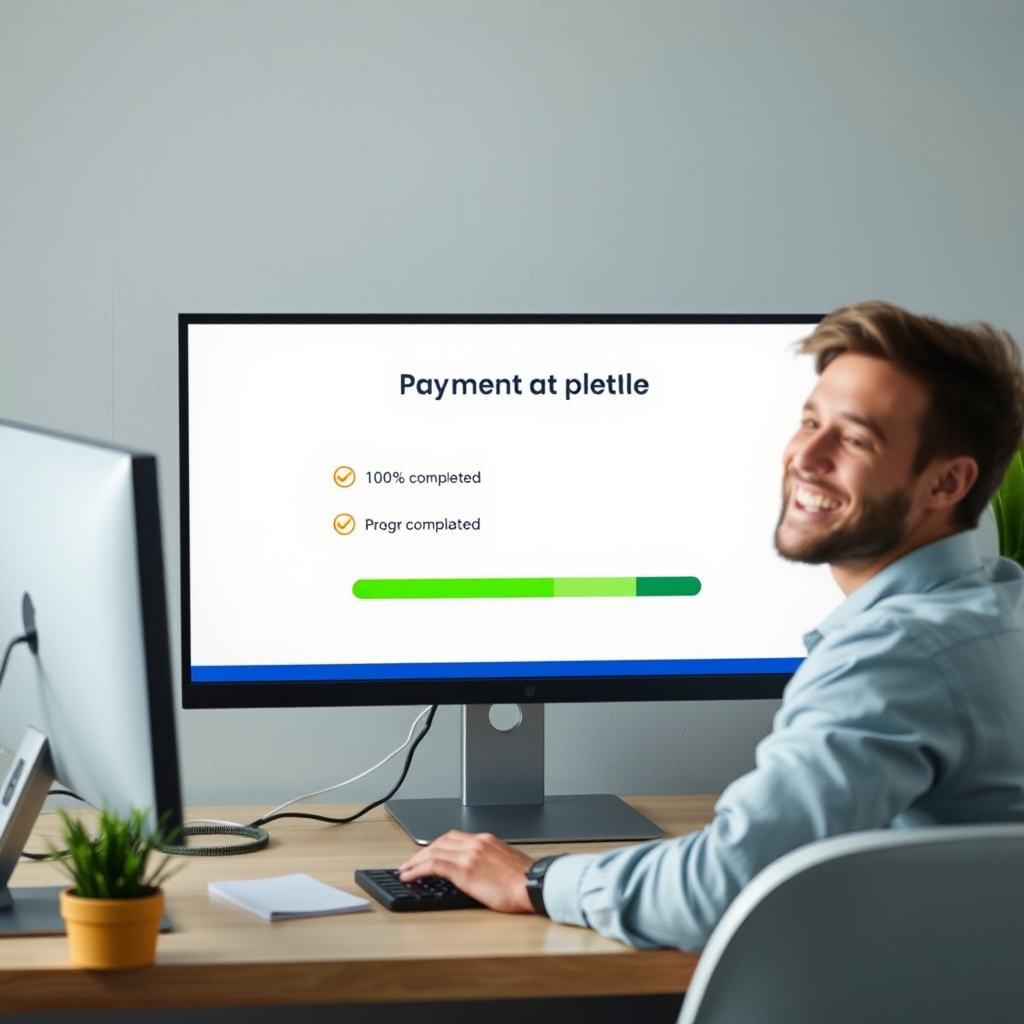 Happy person at computer celebrating successful payment plan completion with checkmarks and progress indicators showing 100% completion on screen
