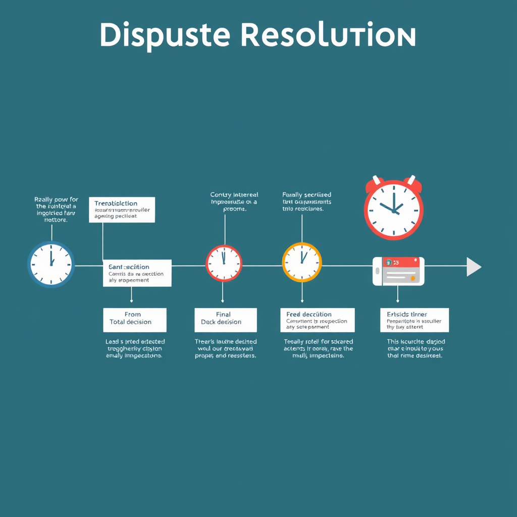 Professional timeline infographic showing the dispute resolution process from submission to final decision with clock and calendar elements