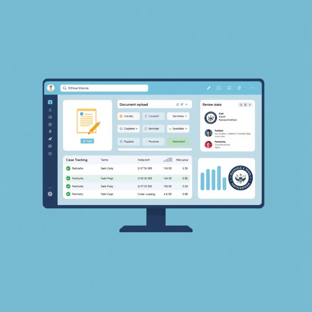 Legal dispute management system showing document upload interface, case tracking dashboard, and review status notifications with official government seals