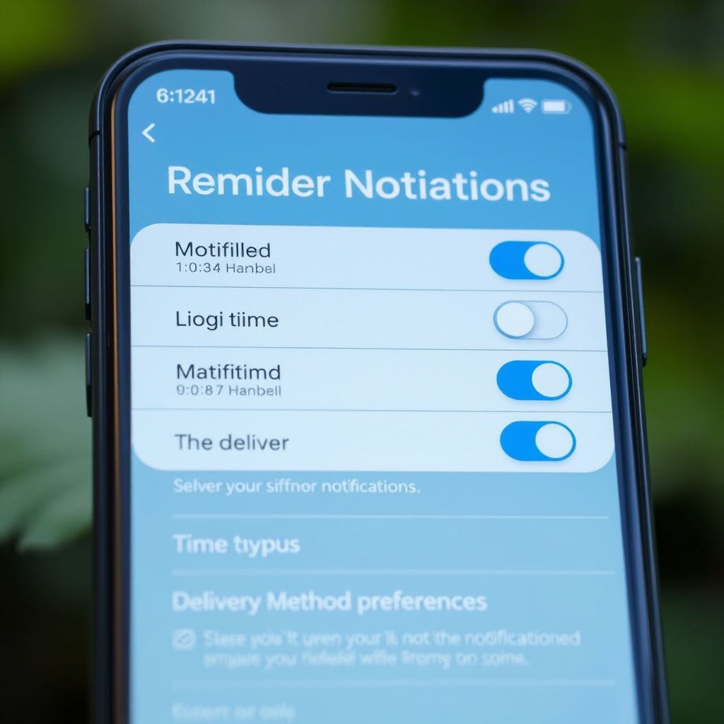 Mobile phone displaying reminder notification settings with toggle switches for different notification types, timing options, and delivery method preferences