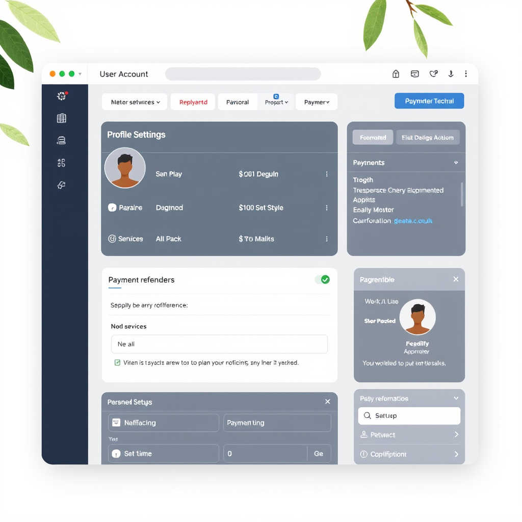 User account dashboard with profile settings, notification preferences panel, payment reminder setup, and personal information management interface