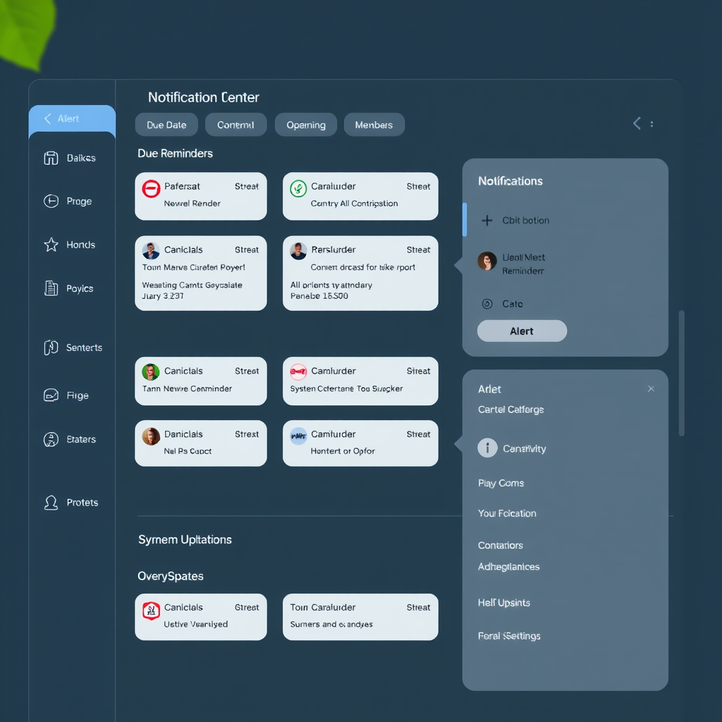 Digital notification center interface showing various alert types including due date reminders, payment confirmations, and system updates with customizable settings panel